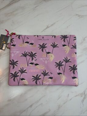 NWT Sara Miller Ostrich & Palms pink & gold large zipper pouch- preppy beach